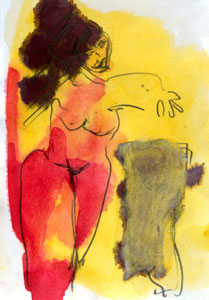 Frau mit Sch&auml;del, 2004, ink/pencil/paper, 13,5x10cm